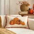 Federa per cuscino decorativo zucca autunnale del Ringraziamento con pon pon. - 30x50cm (Solo Federa) / 4 Cuscini lombari con bordo a pompon a zucca