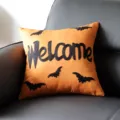 Halloween decorative pillow cover, orange cushion case featuring bats and welcome text design - Welcome Bats