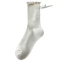 Calcetines de algodón de mujer estilo japonés muy bonito con volantes lazo blanco - Talla única / Beige Sólido