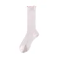Pink ribbed mid-calf socks for women with cute lettuce edge design, soft casual hosiery. - One Size / Light Pink