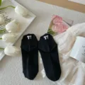 Calcetines cortos negros con lazo morado, estilo japonés bonito algodón verano transpirables. - Talla única / Negro