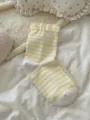 Calzini a metà gamba a righe da donna traspiranti casual in morbido cotone bianco e giallo - Taglia unica / Giallo