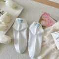 White cotton ankle socks with blue embroidered bow, cute Japanese style summer short socks. - One Size / White