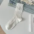 Women white cute ruffle mid tube socks with lovely puppy embroidery and bow pattern summer thin socks - One Size / Milky White