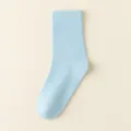 Light blue solid color mid-calf cotton socks for women, simple casual daily wear style. - One Size / Sky Blue