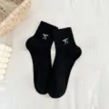 Black ribbon embroidered mid-calf socks for women, sweet cute style breathable cotton short socks. - One Size / Black