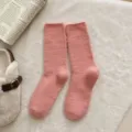 Pink fuzzy mid-tube socks for women, soft warm plush winter floor socks for cozy home wear. - One Size [Warm Mink Fleece] / Pink (Solid)