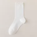 Women white ruffle mid calf socks breathable mesh cute solid color casual daily wear style - One Size / White