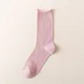 Pink women summer thin breathable solid color ribbed mesh mid tube socks comfortable everyday wear - One Size / Lotus root pink
