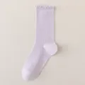 Women purple ruffle edge mesh mid tube socks summer breathable solid color casual hosiery - One Size / Light Purple