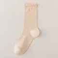 Summer women's beige mid-calf socks with cute lettuce ruffle edge and breathable mesh design - One Size / Beige