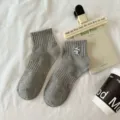 Women's grey short socks with cute panda embroidery, breathable cotton summer socks. - Panda on the Back / Gray