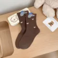 Cute cartoon women's mid-calf cotton socks, comfortable autumn and spring knit socks style. - Coffee