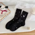 Black cotton mid-calf socks featuring cute star patterns and embroidered cat design meow. - Black