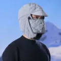Close-up detail of winter warm trapper hat in gray, featuring quilted design and mask. - Diamond Brim Style (5062) / Gray