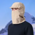 Dettagli del cappello passamontagna antivento e parasole kaki da esterno, visiera e copertura viso. - Beige