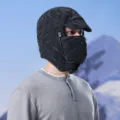 Winter warm trapper hat with face mask, black quilted windproof ski cap for outdoor sports. - Diamond Brim Style (5062) / Black