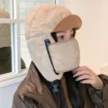 Winter thermal trapper hat with face mask quilted windproof bomber hat for cold weather outdoor sports - Diamond Brim Style (5062) / Khaki