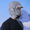 Winter windproof warm bomber hat detail, grey camouflage thermal cycling ski cap with face mask. - Camo Brim Style (5063) / Gray