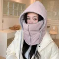 Winter thermal ushanka hat with integrated face mask windproof ski cap for outdoor cycling warmth. - Buckle Style / Pink