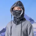 Winter thermal ski mask hat windproof fleece lined integrated cap for outdoor cycling use - Velcro Style / Black