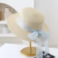 Women straw hat summer flat top beach sun hat with polka dot bow ribbon elegant sunshade hat - M (56-58cm) / JS1710 Beige Blue Band