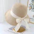 Women's straw sun hat with white lace bow variant, perfect for summer beach vacations. - M (56-58cm) / JS3201 Beige