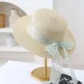 Summer flat top straw hat with elegant green polka dot bow ribbon for beach vacation. - M (56-58cm) / JS1710 Beige Green Band