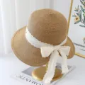 Women summer straw hat with white lace ribbon bow, large brim beach sun protection sunhat. - M (56-58cm) / JS3201 Coffee
