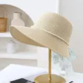 Women's Summer Straw Sun Hat Large Brim Beach Hat with Pearl and Lace Bow Ribbon - M (56-58cm) / JS3202 Beige