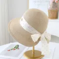 Women summer large brim straw hat with polka dot bow ribbon, stylish sun protection beach cap. - M (56-58cm) / Beige