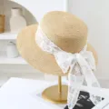 Summer women's flat top straw hat with elegant white lace ribbon, beach sun protection hat. - M (56-58cm) / JS80461 Khaki
