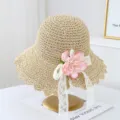 Sombrero de paja para mujer con flor rosa y cinta de encaje, ideal para verano y playa. - M (56-58cm) / JS7001 Beige