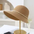 Women's summer straw sun hat with pearl band and floral lace ribbon bow, large brim beach hat. - M (56-58cm) / JS3202 Coffee