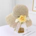 Sombrero de paja para mujer con flor amarilla y ribete de encaje, ideal para las vacaciones. - M (56-58cm) / JS7001 Beige 2