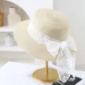 Women's summer flat top straw hat with elegant white lace bow, perfect for beach vacation. - M (56-58cm) / JS80461 Beige