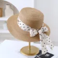 Summer women flat top straw sun hat with polka dot ribbon bow beach vacation sunshade - M (56-58cm) / JS80461-1 Coffee