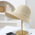 Women summer straw sun hat large brim beach resort hat with pearl band and blue ribbon. - M (56-58cm) / JS3202 Beige 2