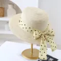 Women summer straw boater hat with yellow polka dot ribbon chic beach sun hat UV protection - M (56-58cm) / JS80461-1 Beige