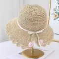 Sombrero de Paja Beige de Verano con Ala Ancha, Colgante de Tulipa Rosa y Lazo Playa - M (56-58cm) / JS7001-1 Beige