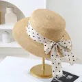 Summer women straw hat flat top wide brim sun hat with polka dot ribbon bow beach cap - M (56-58cm) / JS80461-1 Khaki