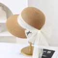 Summer straw hat with white mesh ribbon bow and pearls, wide brim sun protection beach hat. - M (56-58cm) / JS3203 Khaki