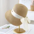 Dames zomer brede rand strohoed met witte strik lint strand zonbescherming stijlvolle hoed - M (56-58cm) / Khaki