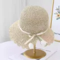Sombrero de sol de paja con borde de encaje dulce para mujer vacaciones de verano - M (56-58cm) / JS7001-1 Beige 2