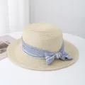 Women Summer Straw Hat Blue Gingham Bow Flat Top Sun Hat Beach Vacation Sunshade Cap - M (56-58cm) / JS80461-2 Blue Ribbon