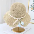 Sombrero de paja de mujer verano playa ala grande gorro tejido con cinta y colgantes de tulipan - M (56-58cm) / JS7001-1 Beige 3