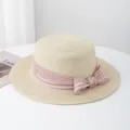 Flat top straw hat with red and white plaid ribbon and bow for summer beach vacation. - M (56-58cm) / JS80461-2 Pink Ribbon