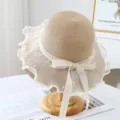 Women Summer Straw Sun Hat with White Lace Ribbon Bow and Pearls Beach Vacation Beachwear - M (56-58cm) / JS3204 Khaki