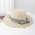 Women summer flat top straw hat with black white plaid ribbon bow beach sun hat stylish - M (56-58cm) / JS80461-2 Black Ribbon