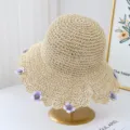 Sombrero de paja para mujer, sombrero de sol beige de ala ancha con flores moradas y encaje. - M (56-58cm) / JS7001-2 Beige